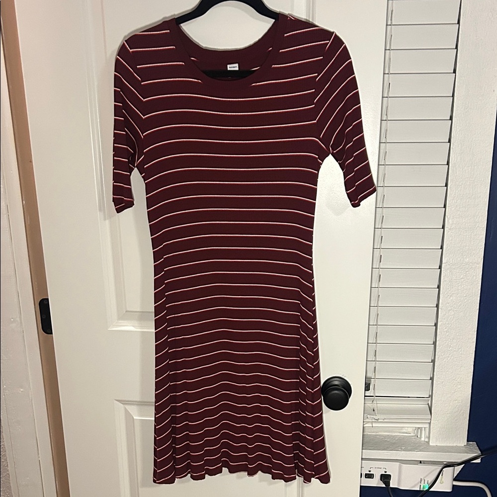 Old Navy Maroon and White Striped Midi Dress